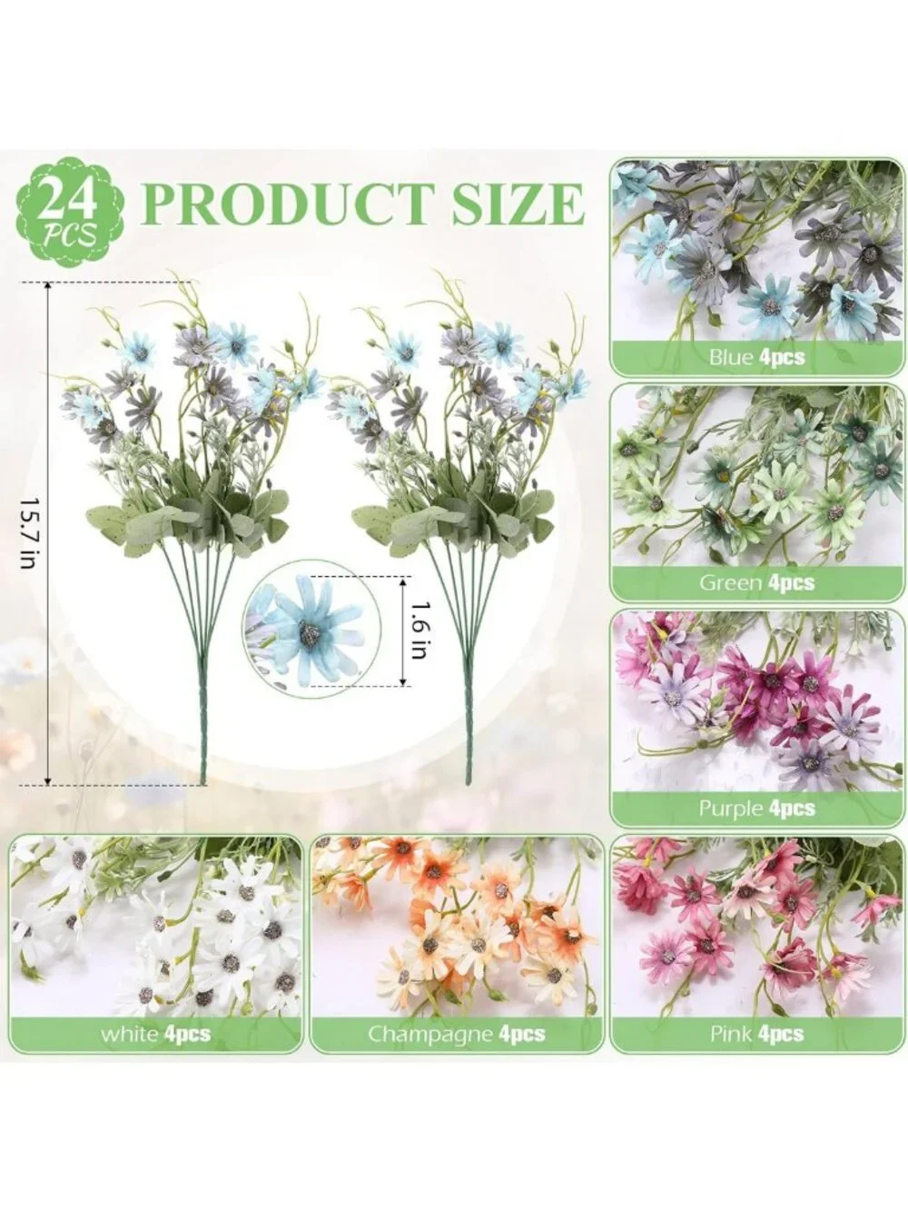24 Pcs Wildflower Silk Daisy Bouquets - UV Resistant Faux Greenery for Home